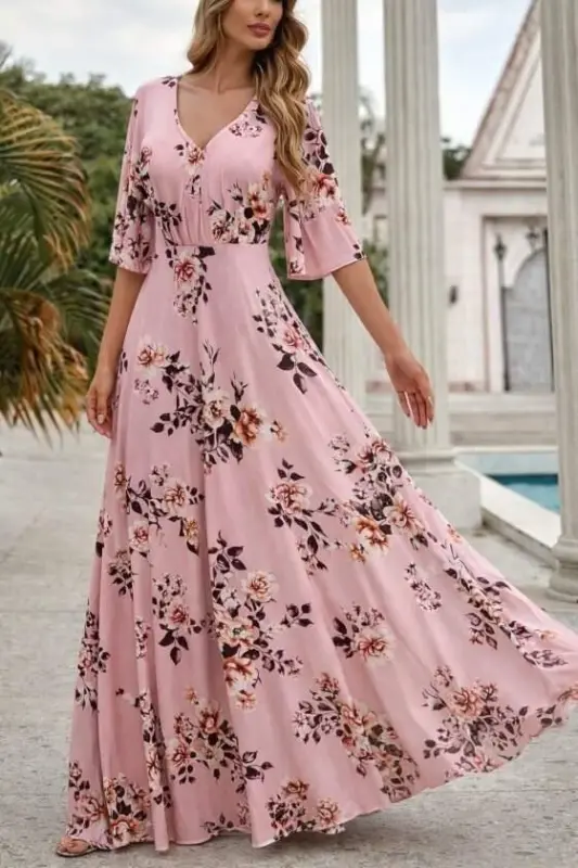 Kadın Kısa Kollu V Yakalı Desenli Süprem Elbise - 4