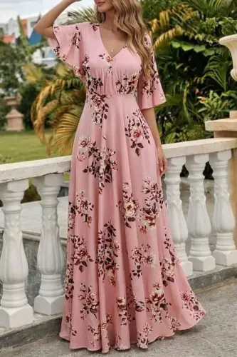 Kadın Kısa Kollu V Yakalı Desenli Süprem Elbise - BÜYÜKBEDENIZ (1)