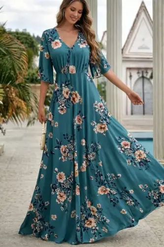 Kadın Kısa Kollu V Yakalı Desenli Süprem Elbise - 1