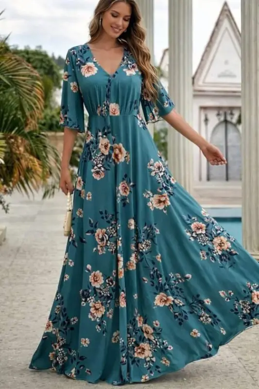 Kadın Kısa Kollu V Yakalı Desenli Süprem Elbise - 1