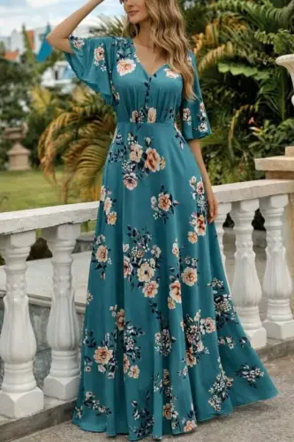 Kadın Kısa Kollu V Yakalı Desenli Süprem Elbise - BÜYÜKBEDENIZ (1)