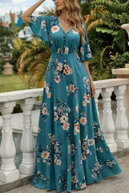 Kadın Kısa Kollu V Yakalı Desenli Süprem Elbise - 2