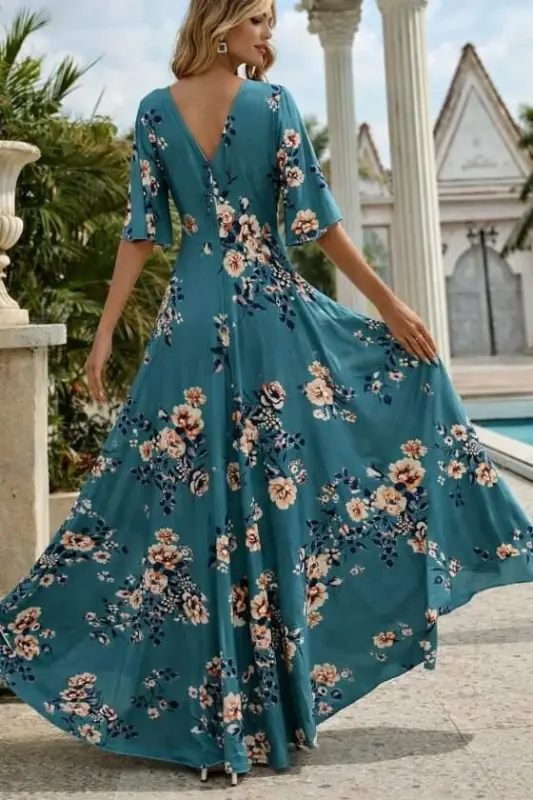 Kadın Kısa Kollu V Yakalı Desenli Süprem Elbise - 3