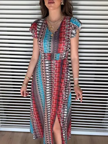 Kadın Kısa Kollu V Yakalı Desenli Yandan Yırtmaçlı Süprem Elbise - BÜYÜKBEDENIZ (1)