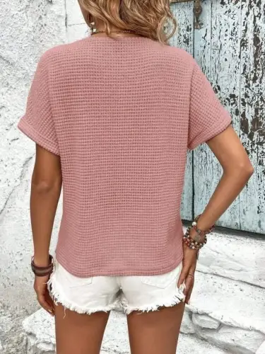 Kadın Kısa Kollu V Yakalı Düğmeli Triko Bluz - 4