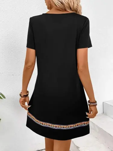 Kadın Kısa Kollu V Yakalı Etnik Desen şerit Detaylı Viskon Elbise - 4