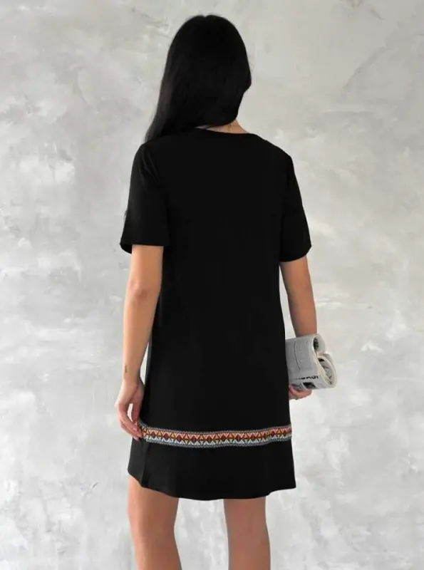 Kadın Kısa Kollu V Yakalı Etnik Desen şerit Detaylı Viskon Elbise - 8