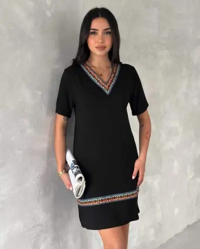 Kadın Kısa Kollu V Yakalı Etnik Desen şerit Detaylı Viskon Elbise - 9