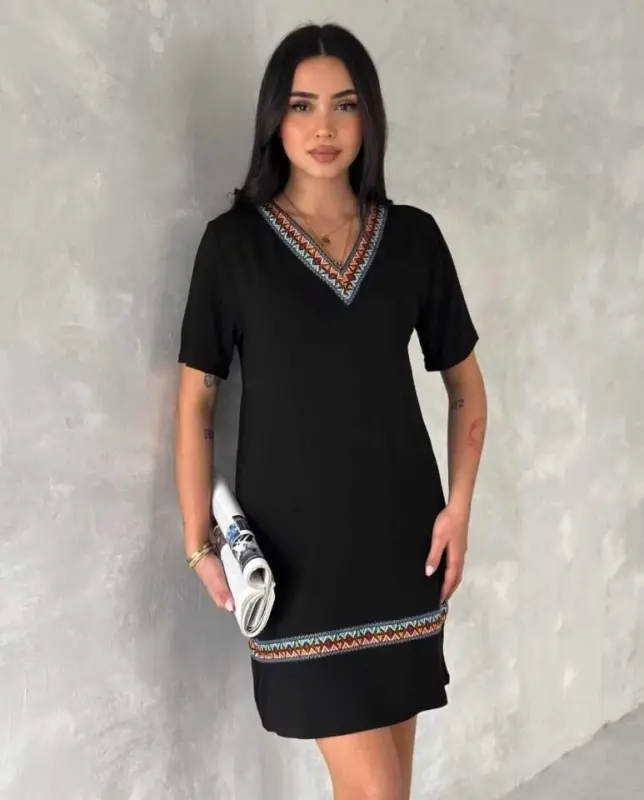 Kadın Kısa Kollu V Yakalı Etnik Desen şerit Detaylı Viskon Elbise - 9