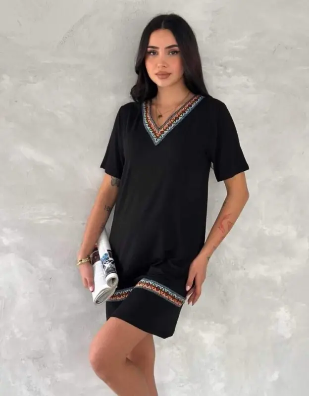 Kadın Kısa Kollu V Yakalı Etnik Desen şerit Detaylı Viskon Elbise - 10