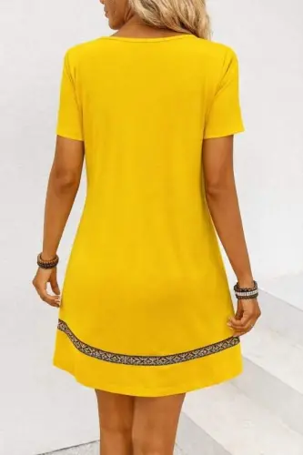 Kadın Kısa Kollu V Yakalı Etnik Desen şerit Detaylı Viskon Elbise - 3