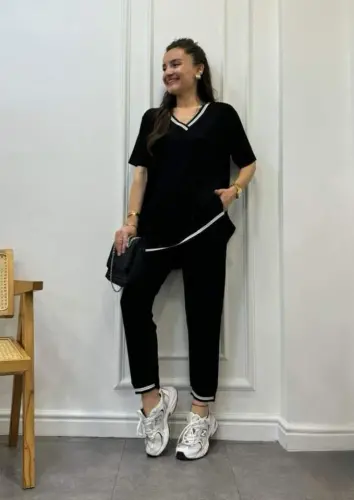 Kadın Kısa Kollu V Yakalı Iki Iplik Bluz Ve Pantolon Ikili Takım - 10