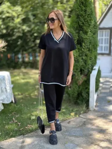 Kadın Kısa Kollu V Yakalı Iki Iplik Bluz Ve Pantolon Ikili Takım - 14