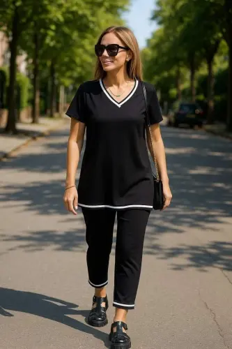 Kadın Kısa Kollu V Yakalı Iki Iplik Bluz Ve Pantolon Ikili Takım - 8