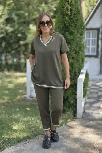 Kadın Kısa Kollu V Yakalı Iki Iplik Bluz Ve Pantolon Ikili Takım - 8