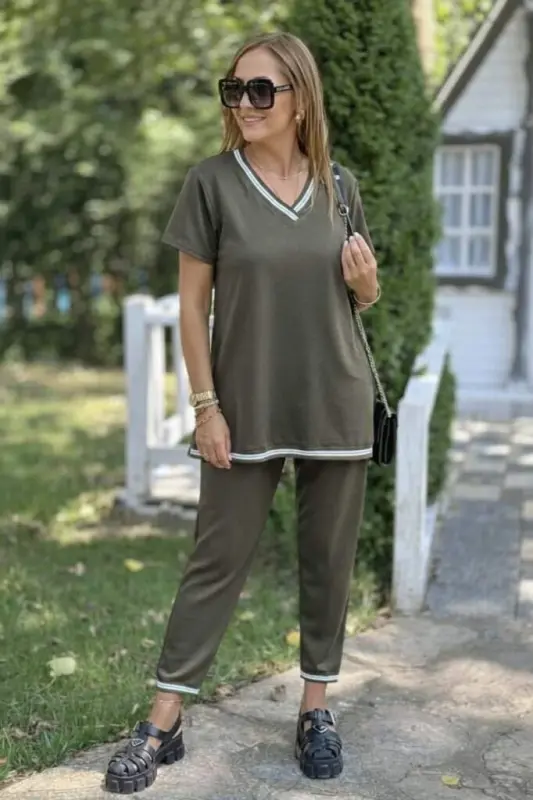 Kadın Kısa Kollu V Yakalı Iki Iplik Bluz Ve Pantolon Ikili Takım - 9