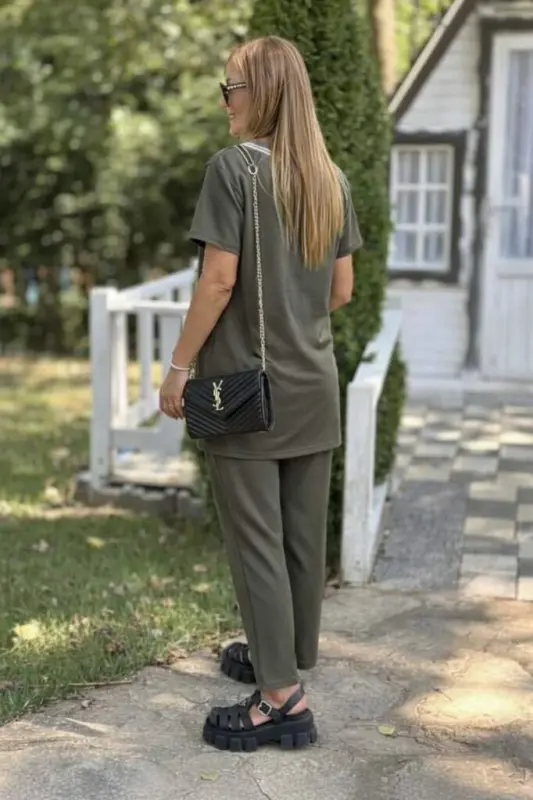 Kadın Kısa Kollu V Yakalı Iki Iplik Bluz Ve Pantolon Ikili Takım - 10