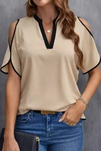 Kadın Kısa Kollu V Yakalı Ithal Krep Bluz - 1
