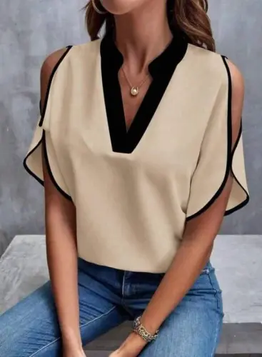 Kadın Kısa Kollu V Yakalı Ithal Krep Bluz - BÜYÜKBEDENIZ (1)