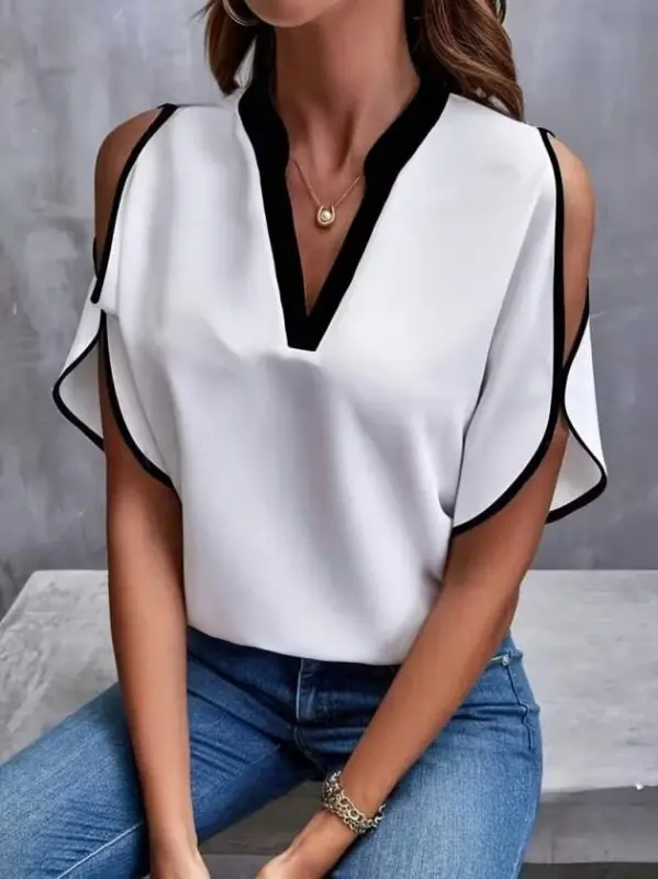 Kadın Kısa Kollu V Yakalı Ithal Krep Bluz - 1