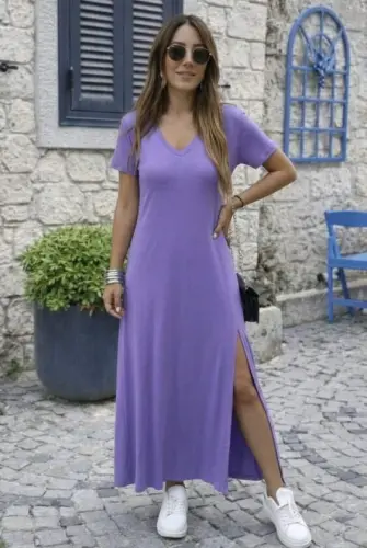 Kadın Kısa Kollu V Yakalı Maksi Boy Viskon Elbise - BÜYÜKBEDENIZ (1)