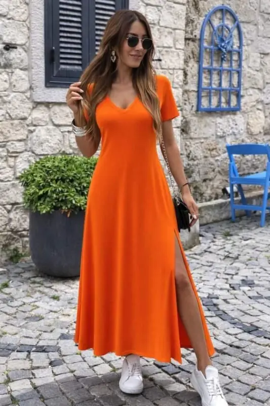 Kadın Kısa Kollu V Yakalı Maksi Boy Viskon Elbise - BÜYÜKBEDENIZ