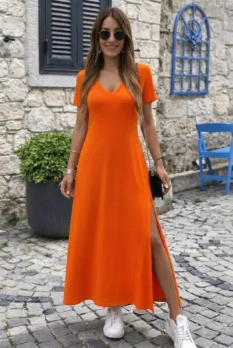 Kadın Kısa Kollu V Yakalı Maksi Boy Viskon Elbise - 3