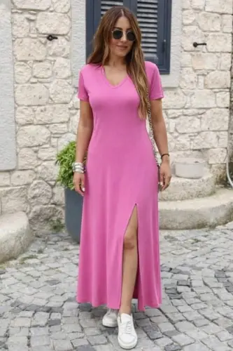 Kadın Kısa Kollu V Yakalı Maksi Boy Viskon Elbise - 1