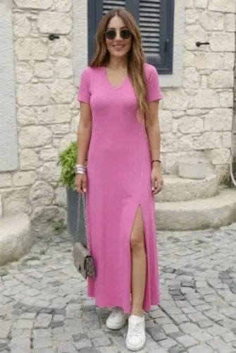 Kadın Kısa Kollu V Yakalı Maksi Boy Viskon Elbise - 3