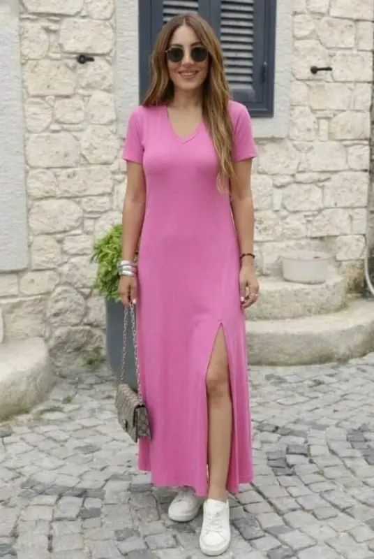 Kadın Kısa Kollu V Yakalı Maksi Boy Viskon Elbise - 3