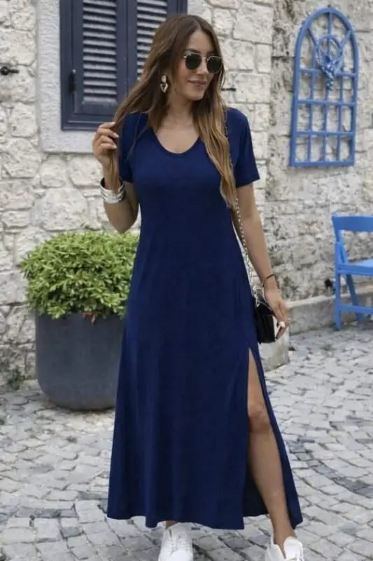 Kadın Kısa Kollu V Yakalı Maksi Boy Viskon Elbise - BÜYÜKBEDENIZ