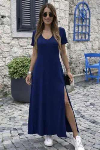 Kadın Kısa Kollu V Yakalı Maksi Boy Viskon Elbise - 3