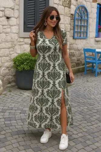 Kadın Kısa Kollu V Yakalı Maksi Boy Viskon Elbise - 1