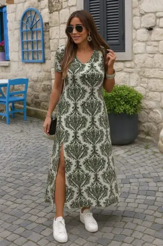 Kadın Kısa Kollu V Yakalı Maksi Boy Viskon Elbise - 3