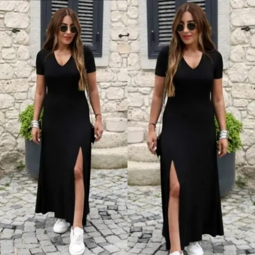 Kadın Kısa Kollu V Yakalı Maksi Boy Viskon Elbise - 3