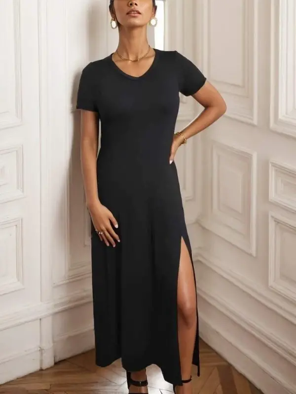 Kadın Kısa Kollu V Yakalı Maksi Boy Viskon Elbise - 4