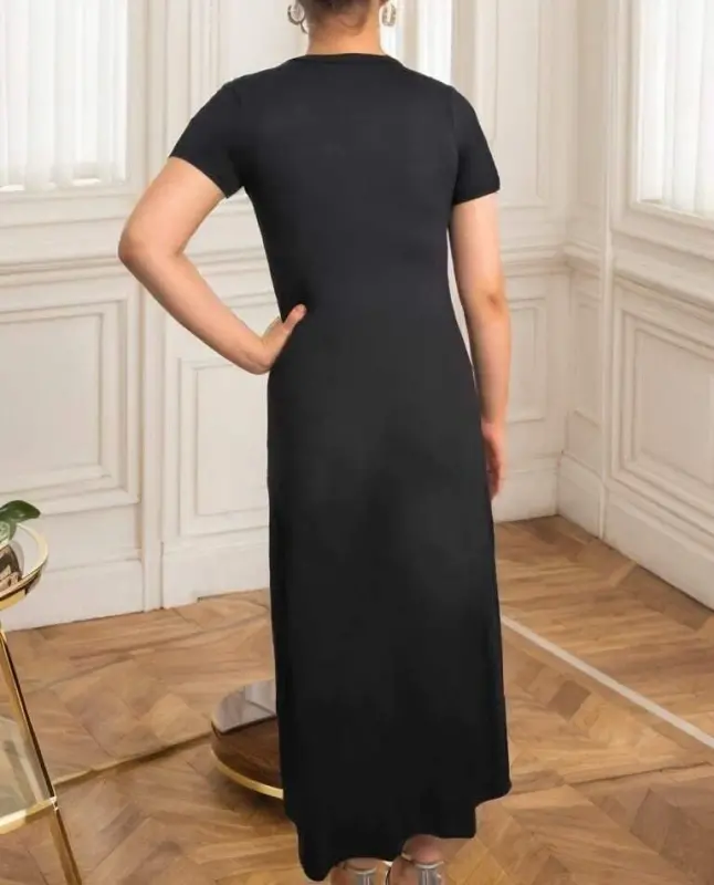 Kadın Kısa Kollu V Yakalı Maksi Boy Viskon Elbise - 5