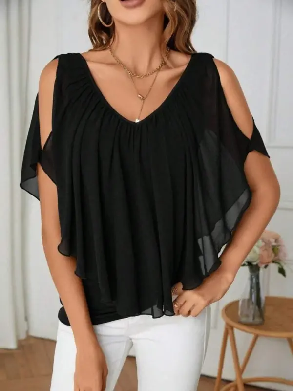 Kadın Kısa Kollu V Yakalı Omuzlardan Açık Salaş şifon Bluz - 1