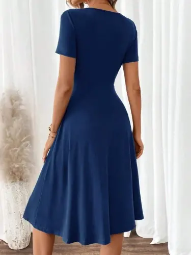 Kadın Kısa Kollu V Yakalı önden Düğmeli A Kesim Dokuma Elbise - 4