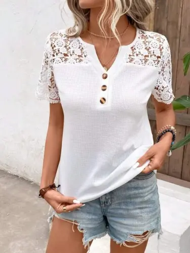 Kadın Kısa Kollu V Yakalı önden Düğmeli Dantel Detaylı Waffle Bluz - 6