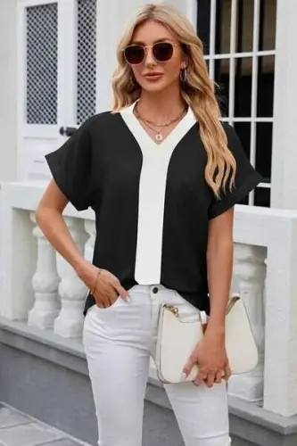 Kadın Kısa Kollu V Yakalı önden şerit Detaylı Sandy Bluz - 5