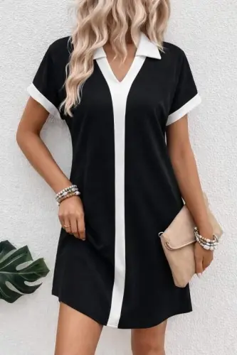 Kadın Kısa Kollu V Yakalı Onden şerit Detaylı Yakalı Kısa Janjan Krep Elbise - 1