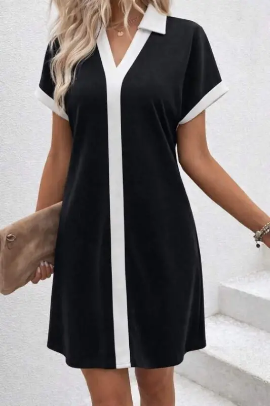 Kadın Kısa Kollu V Yakalı Onden şerit Detaylı Yakalı Kısa Janjan Krep Elbise - 2