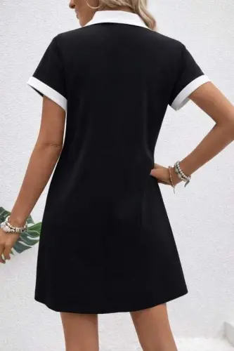 Kadın Kısa Kollu V Yakalı Onden şerit Detaylı Yakalı Kısa Janjan Krep Elbise - 4