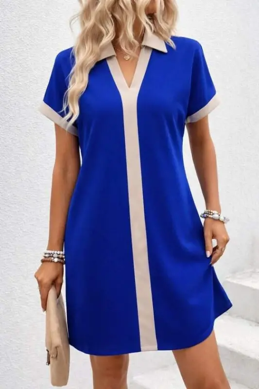 Kadın Kısa Kollu V Yakalı Onden şerit Detaylı Yakalı Kısa Janjan Krep Elbise - 2