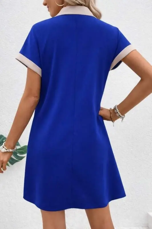 Kadın Kısa Kollu V Yakalı Onden şerit Detaylı Yakalı Kısa Janjan Krep Elbise - 3