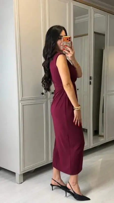 Kadın Kısa Kollu V Yakalı önü Sarmal Detaylı Yırtmaçlı Sandy Midi Elbise - 3