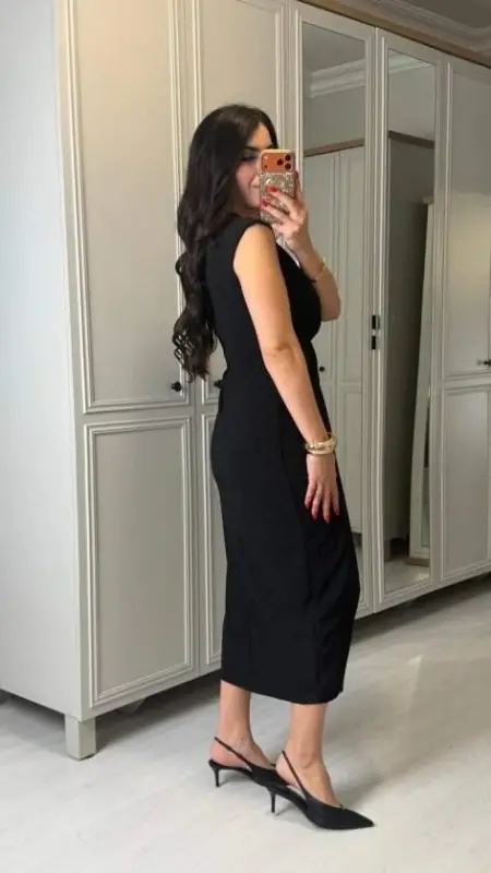 Kadın Kısa Kollu V Yakalı önü Sarmal Detaylı Yırtmaçlı Sandy Midi Elbise - 3