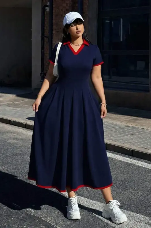 Kadın Kısa Kollu V Yakalı Pileli Uzun Janjan Krep Elbise - 1