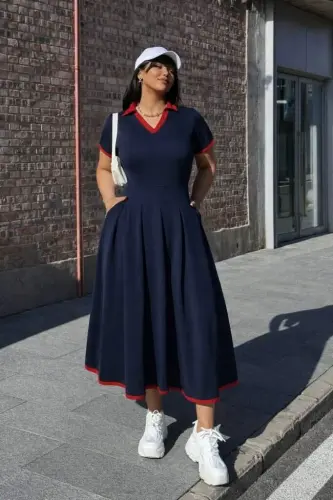 Kadın Kısa Kollu V Yakalı Pileli Uzun Janjan Krep Elbise - BÜYÜKBEDENIZ (1)